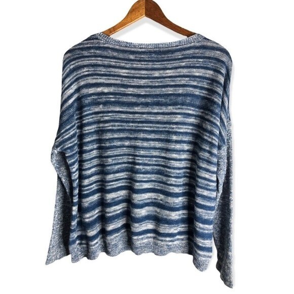 Eileen Fisher Organic Linen Blend Striped Blue Contrast Pullover Sweater - Picture 4 of 8